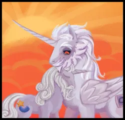 Size: 639x614 | Tagged: safe, artist:acura, derpibooru import, star swirl the bearded, oc, oc:acura, alicorn, pony, unicorn, g4, alicorn oc, beard, black sclera, facial hair, gay, horn, image, long horn, male, moustache, orange background, png, simple background, stallion, wings