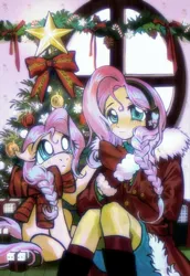 Size: 1320x1920 | Tagged: safe, artist:qianhe498, derpibooru import, fluttershy, human, pegasus, pony, equestria girls, g4, christmas, christmas tree, clothes, gloves, holiday, human ponidox, image, jpeg, self paradox, self ponidox, tree, winter outfit