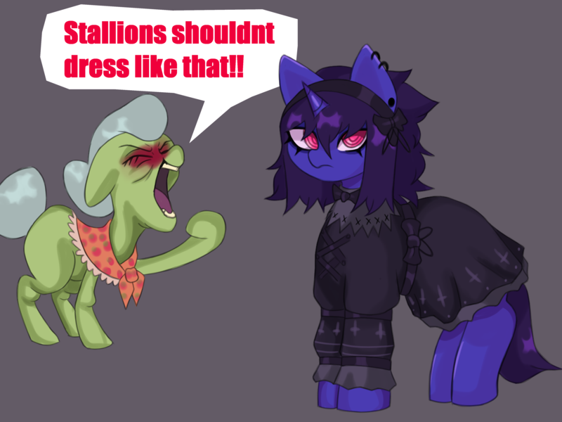 Size: 4000x3000 | Tagged: safe, artist:sleepymist, derpibooru import, granny smith, oc, oc:mist avalon, earth pony, pony, unicorn, g4, clothes, crossdressing, dress, female, femboy, goth, gothic lolita, horn, image, lolita fashion, male, mare, png, stallion