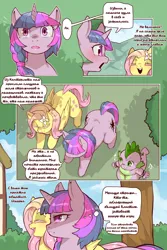 Size: 960x1440 | Tagged: safe, artist:cold-blooded-twilight, derpibooru import, edit, fluttershy, spike, twilight sparkle, dragon, pegasus, pony, unicorn, cold blooded twilight, comic:cold storm (ru), g4, alternate design, blushing, comic, cyrillic, dialogue, eyes closed, female, flower, flower in hair, horn, image, mare, open mouth, open smile, png, russian, smiling, speech bubble, thought bubble, translation, translator:agent00k0t, unicorn twilight