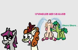 Size: 620x400 | Tagged: safe, artist:zoeyhorse, derpibooru import, autumn blaze, oc, oc:driftwood, oc:raspberry ripple, bat pony, kirin, pegasus, pony, unicorn, g4, bat pony oc, bat wings, canon x oc, crying, dialogue, female, frown, gray background, horn, image, lesbian, mare, nose in the air, ocular gushers, open mouth, open smile, pat on back, png, ponysona, shipping, simple background, smiling, wings