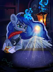 Size: 1698x2313 | Tagged: safe, artist:krista-21, derpibooru import, princess luna, alicorn, pony, g4, blushing, book, bookshelf, commission, commissioner:shaddar, constellation, cute, ethereal mane, feather, hoof hold, hooves, image, ink, lantern, light, lunabetes, magic, map, moon, png, solo, spread wings, starry mane, window, wings