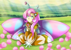 Size: 2151x1512 | Tagged: safe, artist:rockmangurlx, derpibooru import, fluttershy, butterfly, human, insect, robot, g4, butterfly wings, female, flower, grass, gynoid, humanized, image, jpeg, kneeling, looking up, meadow, mega man (series), megaman, outdoors, robot master, roboticization, solo, sunlight, wings