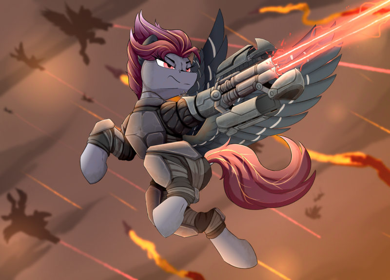 Size: 6480x4660 | Tagged: safe, artist:tinnitus, derpibooru import, oc, oc:quicksilver, unofficial characters only, pegasus, amputee, armor, augmented, combat, combat armor, commissioner:sfaccountant, crossover, flying, gunfire, image, laser, missile, pegasus oc, png, prosthetic leg, prosthetic limb, prosthetics, war, warhammer (game), warhammer 40k, wings