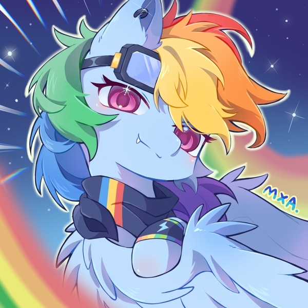 Size: 1080x1080 | Tagged: safe, artist:貓寻安_catder_, derpibooru import, rainbow dash, pegasus, pony, g4, aviator goggles, blushing, clothes, ear piercing, fangs, female, goggles, image, jpeg, looking at you, mare, outline, piercing, rainbow, scarf, signature, solo, spread wings, starry night, text, upper body, white outline, wings, wristband