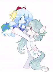 Size: 770x1033 | Tagged: artist needed, safe, artist:be_yourself, artist:cosmosloghy, derpibooru import, oc, oc:altersmay earth, ponified, unnamed oc, pegasus, pony, bipedal, cloud, duo, eyes closed, female, filly, flower, flower in hair, foal, glasses, holding a pony, image, jewelry, jpeg, leaf, looking at each other, looking at someone, mare, necklace, open mouth, open smile, pegasus oc, planet ponies, rose, round glasses, simple background, smiling, space ponies, starry eyes, white background, wingding eyes, wings