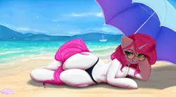 Size: 2082x1150 | Tagged: safe, artist:evlass, derpibooru import, oc, oc:bubblegum kiss, unofficial characters only, pony, semi-anthro, unicorn, beach, belly, belly button, bikini, chest fluff, clothes, collar, commission, female, glasses, hoof on cheek, horn, image, lying down, ocean, png, solo, supporting head, swimsuit, tongue out, umbrella, water, ych result