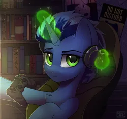 Size: 1642x1550 | Tagged: safe, artist:radioaxi, artist:reterica, derpibooru import, oc, unofficial characters only, pony, unicorn, chair, chest fluff, commission, controller, gaming chair, glow, glowing horn, horn, image, looking at you, magic, office chair, png, sitting, solo