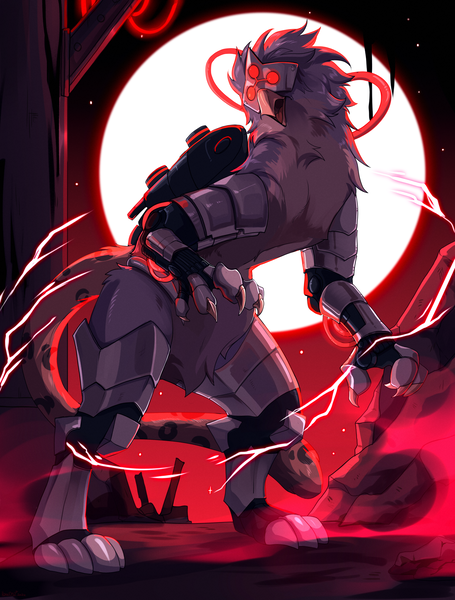 Size: 2457x3241 | Tagged: safe, artist:hakkids2, derpibooru import, oc, unofficial characters only, cyborg, gryphon, blood moon, image, moon, png, solo, tubes