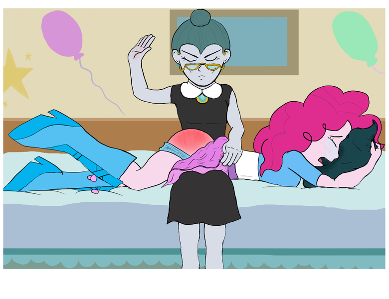 Size: 1300x1000 | Tagged: artist needed, source needed, safe, derpibooru import, cloudy quartz, pinkie pie, human, equestria girls, g4, bed, crying, discipline, duo, duo female, eyes closed, female, humanized, image, mother and child, mother and daughter, over the knee, pillow, png, punishment, spank mark, spanking, tears of pain, teenager