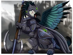 Size: 3527x2657 | Tagged: safe, artist:pridark, derpibooru import, oc, unofficial characters only, gryphon, armor, axe, battle axe, eye scar, griffon oc, image, looking back, png, scar, solo, spread wings, weapon, wings