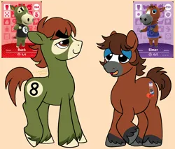 Size: 2000x1700 | Tagged: safe, artist:leopardsnaps, derpibooru import, ponified, earth pony, pony, animal crossing, blaze (coat marking), buck (animal crossing), coat markings, colored hooves, derpibooru exclusive, duo, duo male, elmer (animal crossing), elmer's glue, facial markings, hooves, image, lidded eyes, male, open mouth, png, raised hoof, simple background, smiling, socks (coat marking), stallion, thick eyebrows, unshorn fetlocks