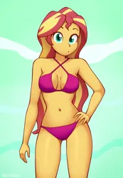 Size: 1381x2000 | Tagged: suggestive, artist:triplestabber, derpibooru import, sunset shimmer, equestria girls, g4, :o, belly, belly button, bikini, bikini bottom, bikini top, breasts, busty sunset shimmer, clothes, cyan eyes, eyelashes, female, hand on hip, image, jpeg, looking at you, open mouth, raised eyebrows, show accurate, simple background, solo, solo female, stupid sexy sunset shimmer, summer, swimsuit, thighs, two toned hair, yellow eyes