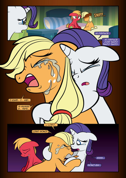 Size: 1920x2715 | Tagged: safe, artist:alexdti, derpibooru import, applejack, big macintosh, rarity, earth pony, pony, unicorn, comic:how we met (italian), g4, bed, colt big macintosh, comic, crying, depressed, depressing, depression, female, filly, filly applejack, filly rarity, foal, horn, image, italian, jpeg, male, sad, tears of pain, younger