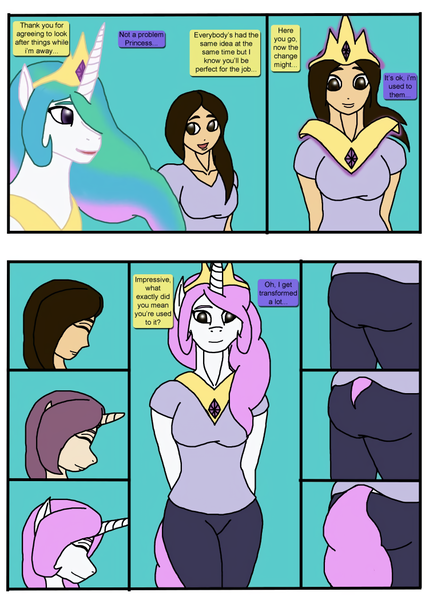 Size: 750x1050 | Tagged: dead source, safe, artist:sephirothwolf, derpibooru import, princess celestia, oc, alicorn, anthro, human, pony, g4, character to character, comic, crown, dialogue, female, human oc, human to anthro, human to pony, image, jewelry, peytral, png, regalia, transformation, transformation sequence, twinning