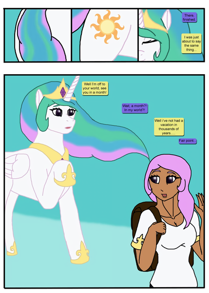 Size: 750x1050 | Tagged: dead source, safe, artist:sephirothwolf, derpibooru import, princess celestia, alicorn, human, pony, g4, anthro to pony, backpack, blackwashing, dialogue, female, human to pony, humanized, image, mare, png, pony to human, transformation, transformation sequence, twinning, vacation