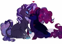 Size: 1414x1000 | Tagged: safe, artist:theartfox2468, derpibooru import, nightmare moon, nightmare rarity, princess luna, rarity, alicorn, pony, unicorn, alternate design, alternate hairstyle, curved horn, description is relevant, duo, duo female, eyes closed, eyeshadow, fangs, female, heart, horn, image, jpeg, kissing, leonine tail, lesbian, makeup, mare, markings, redesign, self paradox, self ponidox, selfcest, ship:dance of the nightmares, ship:rariluna, shipping, simple background, tail, twitterina design, unshorn fetlocks, white background