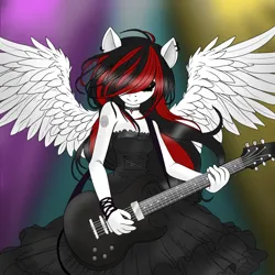 Size: 1024x1024 | Tagged: safe, artist:ella_starshade, derpibooru import, oc, oc:twisted clouds, anthro, pegasus, clothes, ear piercing, goth, gothic lolita, guitar, image, lolita fashion, musical instrument, piercing, png