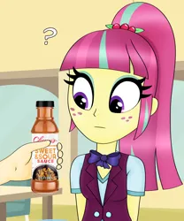 Size: 3500x4200 | Tagged: safe, artist:anonymousandrei, derpibooru import, sour sweet, human, equestria girls, g4, clothes, crystal prep academy uniform, derpibooru exclusive, eyeshadow, female, food, hand, image, jpeg, makeup, name pun, offscreen character, pun, sauce, school uniform, sweet and sour sauce, uniform