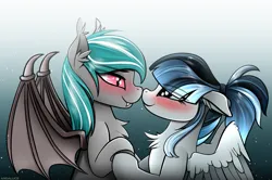 Size: 1505x1000 | Tagged: safe, artist:andaluce, derpibooru import, oc, oc:haze northfleet, oc:malachite cluster, unofficial characters only, bat pony, pegasus, pony, abstract background, blushing, boop, chest fluff, couple, cute, duo, ear fluff, female, holding hooves, image, male, mare, ocbetes, png, smiling, spread wings, stallion, wings