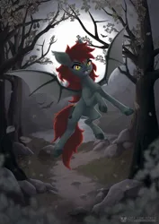 Size: 935x1323 | Tagged: safe, artist:calena, derpibooru import, oc, oc:hattrick, bat pony, bat pony oc, bat wings, commission, dead tree, female, flying, forest, image, jpeg, lake, leaves, moon, nature, poster, scary, solo, solo female, tree, water, wings