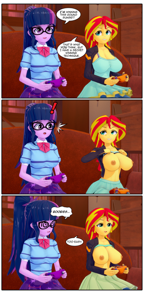 Size: 2215x4524 | Tagged: questionable, artist:misunderstoodsecrets, derpibooru import, sci-twi, sunset shimmer, twilight sparkle, human, equestria girls, g4, 3d, big breasts, breasts, busty sunset shimmer, comic, controller, distracted by the sexy, drool, drool on face, drool string, exposed breasts, female, flashing, flashing boobs, gamecube controller, glasses, hypno eyes, image, koikatsu, lesbian, nipples, nudity, png, reacting to nudity, ship:sci-twishimmer, shipping, sunsetsparkle, video game