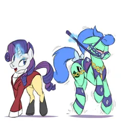 Size: 4096x4096 | Tagged: suggestive, artist:naivintage, derpibooru import, rarity, oc, oc:spearmint, earth pony, pony, unicorn, g4, blushing, bridle, crossdressing, dancing, dressage, equestria games, eyes closed, halter, horn, image, magic, my little pony, olympics, open mouth, open smile, png, reins, saddle, smiling, tack, telekinesis