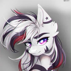 Size: 2000x2000 | Tagged: safe, artist:shinech9, derpibooru import, oc, oc:star nova, hybrid, zebra, zebroid, zony, bust, ear fluff, image, looking at you, pink eyes, png, stars