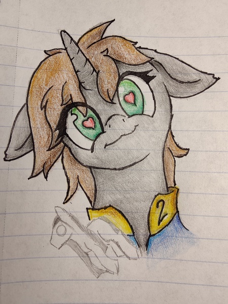 Size: 3072x4096 | Tagged: artist needed, safe, derpibooru import, oc, oc:littlepip, unofficial characters only, pony, unicorn, fallout equestria, 4chan, bust, clothes, female, floppy ears, head tilt, heart, heart eyes, horn, image, jpeg, jumpsuit, looking at you, mare, simple background, solo, traditional art, vault suit, wingding eyes