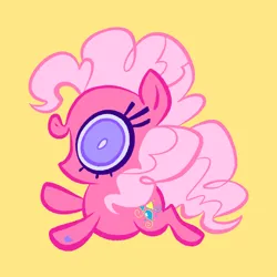 Size: 2048x2048 | Tagged: safe, artist:janegumball, derpibooru import, pinkie pie (g3), earth pony, pony, g3, chibi, female, high res, image, looking at you, mare, open mouth, open smile, png, simple background, smiling, smiling at you, solo, white pupils, yellow background