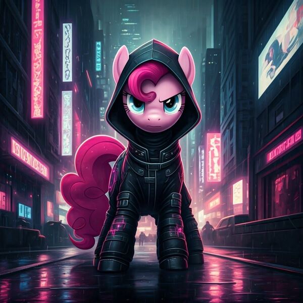 Size: 1024x1024 | Tagged: safe, ai content, generator:google imagen 3.0, machine learning generated, nightcafe ai, pinkie pie, cyberpunk, image, jpeg, music, ninja