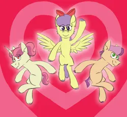 Size: 2700x2500 | Tagged: safe, artist:fuckomcfuck, derpibooru import, oc, oc:blossom, oc:bubbles, oc:buttercup, unofficial characters only, earth pony, pegasus, pony, unicorn, heart, heart background, horn, image, magical lesbian spawn, offspring, parent:apple bloom, parent:scootaloo, parent:sweetie belle, parents:scootabelle, parents:scootabloom, parents:sweetiebloom, png, the powerpuff girls, trio