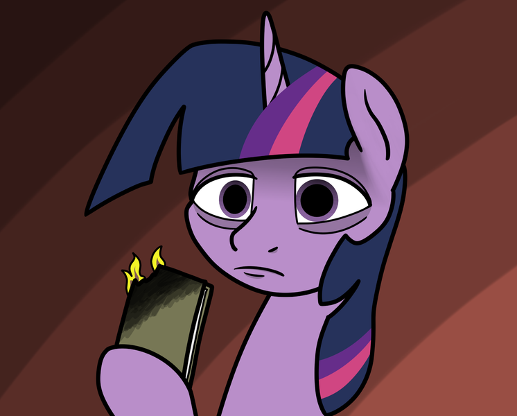 Size: 2047x1647 | Tagged: safe, artist:ewoudcponies, derpibooru import, twilight sparkle, pony, g4, bags under eyes, book, burnt, female, fire, frown, hoof hold, image, mare, png, sad, solo, thousand yard stare