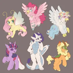 Size: 2048x2048 | Tagged: safe, artist:paperstarzz, derpibooru import, applejack, fluttershy, pinkie pie, rainbow dash, rarity, twilight sparkle, breezie, changeling, dragon, gryphon, hippogriff, kirin, g4, breeziefied, dragonified, female, flutterbreez, griffonized, hippo pie, hippogriffied, image, jpeg, kirin applejack, kirinified, mane six, rainbow griffon, raridragon, species swap