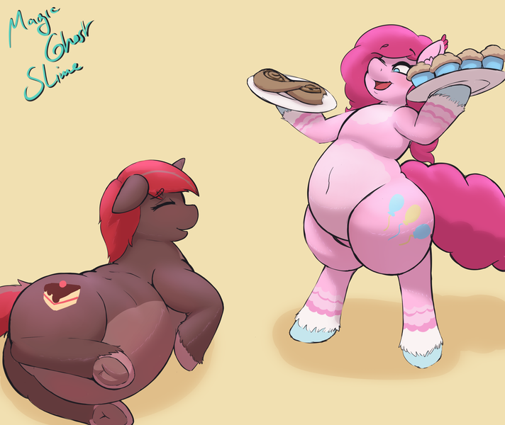 Size: 3569x3009 | Tagged: oc name needed, safe, artist:magicghostslime, derpibooru import, pinkie pie, oc, earth pony, pony, unicorn, series:getting caked up, g4, abstract background, alternate design, belly, big belly, bipedal, coat markings, colored hooves, cupcake, duo, eyes closed, fat, female, food, high res, hooves, horn, image, lying down, male, open mouth, open smile, pastry, plate, png, side, smiling, socks (coat marking), unicorn oc, unshorn fetlocks, weight gain sequence