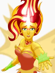 Size: 900x1201 | Tagged: safe, artist:mayorlight, derpibooru import, sunset shimmer, human, equestria girls, g4, bare shoulders, daydream shimmer, digital art, female, image, jpeg, looking at you, my little pony equestria girls: friendship games, open mouth, scene interpretation, simple background, sleeveless, solo, strapless, take my hand, white background