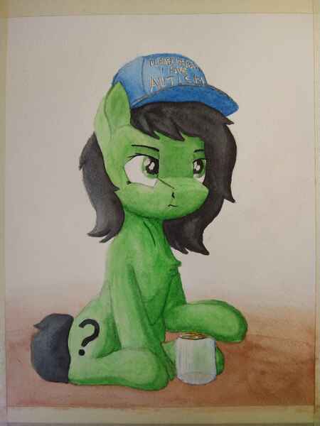 Size: 3000x4000 | Tagged: safe, artist:zocidem, derpibooru import, oc, oc:anonfilly, unofficial characters only, earth pony, pony, cap, earth pony oc, female, filly, hat, image, jar, jpeg, please be patient i have autism, sitting, solo, traditional art