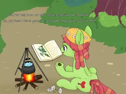 Size: 4000x3000 | Tagged: safe, artist:anonymousandrei, derpibooru import, tree hugger, earth pony, pony, g4, boiling water, book, campfire, datura, derpibooru exclusive, drugs, female, image, imminent regret, jpeg, mare, outdoors, sitting, solo, this will end in death, this will end in tears, this will end in tears and/or death