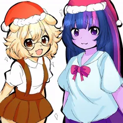 Size: 1025x1024 | Tagged: safe, artist:catcel, derpibooru import, twilight sparkle, oc, dog, equestria girls, g4, :3, anime, bowtie, catcel, christmas, clothes, dog girl, doggirl, glasses, hat, holiday, image, janny, jpeg, meme, overalls, santa claus, santa hat, simple background, soyjak, white background, wojak, yellow dog