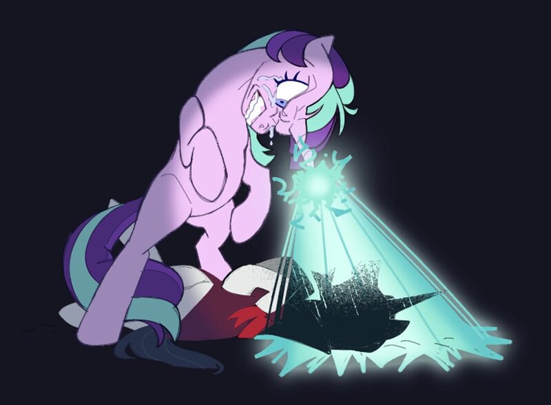 Size: 1308x962 | Tagged: safe, artist:partyponypower, derpibooru import, chancellor neighsay, starlight glimmer, pony, unicorn, g4, alternate hairstyle, angry, bipedal, black background, crying, death, disintegration, duo, duo male and female, female, gritted teeth, horn, image, jpeg, laser, lying down, magic, male, mare, on back, s5 starlight, simple background, stallion, tears of anger, teeth