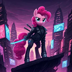 Size: 1024x1024 | Tagged: safe, ai content, generator:google imagen 3.0, machine learning generated, nightcafe ai, pinkie pie, cyberpunk, image, jpeg, music, ninja