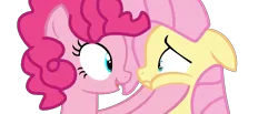 Size: 1166x480 | Tagged: safe, artist:jadeharmony, derpibooru import, fluttershy, pinkie pie, earth pony, pegasus, pony, g4, base used, cute, diapinkes, female, floppy ears, hooves on cheeks, image, lesbian, looking at each other, looking at someone, open mouth, open smile, png, ship:flutterpie, shipping, shyabetes, simple background, smiling, squishy cheeks, transparent background