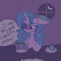 Size: 2048x2048 | Tagged: safe, artist:cupute, derpibooru import, izzy moonbow, unicorn, g5, :c, alternative horn, big ears, colored hooves, crying, cup, cute, depressed, doodle, female, floppy ears, food, frown, glasses, holding, hoof on something, hooves, horn, idea, image, izzybetes, looking at something, looking down, messy mane, moon, mountain, mug, night, png, raised hoof, sad, sad pony, sitting, sketch, solo, speech bubble, stars, table, tea, tea party, text, unshorn fetlocks, wavy mane, window