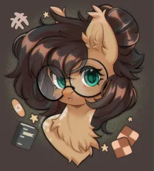 Size: 1707x1896 | Tagged: safe, artist:pledus, derpibooru import, oc, oc:nixie tube, unofficial characters only, bat pony, earth pony, hybrid, wingless bat pony, :o, bust, chest fluff, coat markings, dappled, ear fluff, female, glasses, image, jpeg, open mouth, simple background, wingless