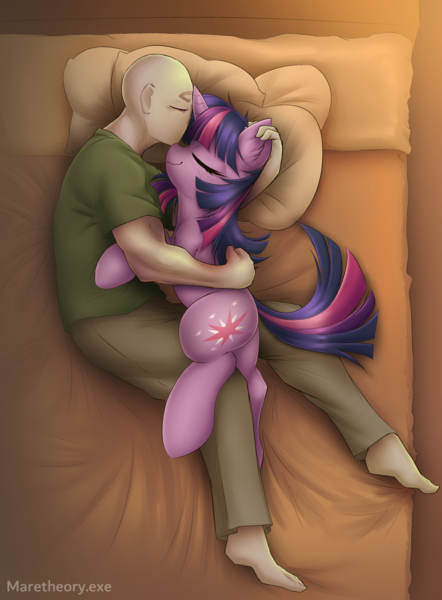 Size: 4134x5616 | Tagged: safe, artist:maretheory.exe, derpibooru import, edit, twilight sparkle, oc, oc:anon, human, pony, unicorn, g4, affection, bed, cuddling, cuddling in bed, cute, ear fluff, ear scratch, eyes closed, female, horn, hug, hugging a pony, human on pony snuggling, image, indoors, male, mare, on bed, png, sleeping, smiling, snuggling, twiabetes, unicorn twilight