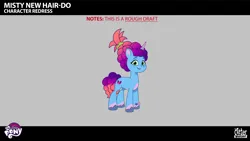 Size: 2844x1602 | Tagged: safe, derpibooru import, pony, unicorn, g5, my little pony: tell your tale, leak, spoiler:g5, spoiler:my little pony: tell your tale, spoiler:tyts02e32, blue coat, coat markings, curls, curly mane, curly tail, female, gradient mane, green eyes, horn, image, lil critter workshop, magic mirror (episode), mare, misty brightdawn, png, rebirth misty, socks (coat marking), tail, unshorn fetlocks