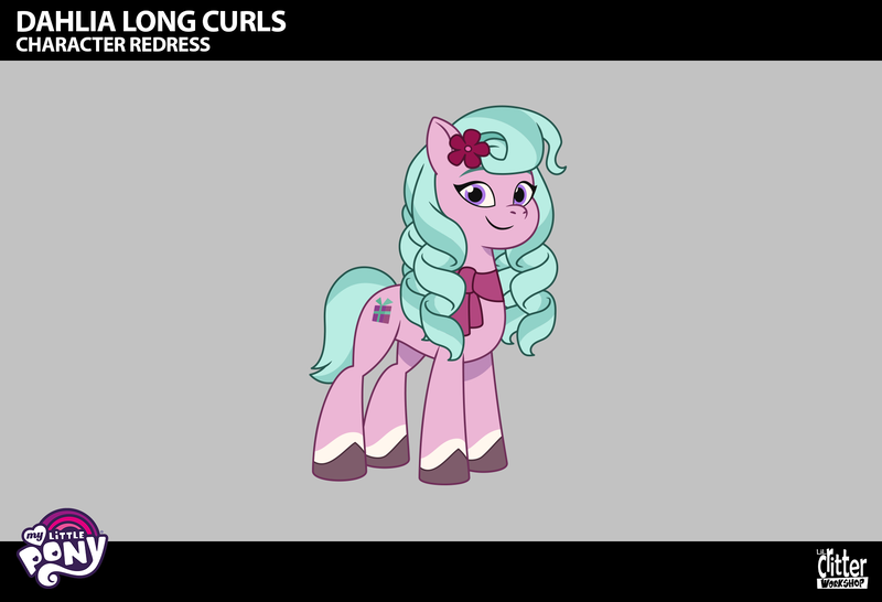 Size: 1920x1311 | Tagged: safe, derpibooru import, earth pony, pony, g5, my little pony: tell your tale, leak, spoiler:g5, spoiler:my little pony: tell your tale, spoiler:tyts02e32, alternate hairstyle, blue mane, blue tail, clothes, coat markings, curls, curly mane, dahlia, female, flower, image, lil critter workshop, looking at you, magic mirror (episode), mare, pink coat, png, purple eyes, ringlets, scarf, smiling, smiling at you, socks (coat marking), tail, two toned mane, two toned tail, unshorn fetlocks