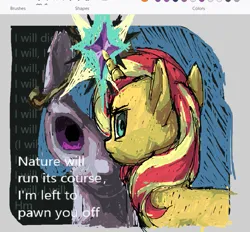 Size: 855x794 | Tagged: safe, artist:skypaw10, derpibooru import, princess celestia, sunset shimmer, alicorn, pony, unicorn, g4, art program in frame, die your daughter, duo, female, horn, image, jewelry, lyrics, mare, ms paint, png, regalia, susannah joffe, text