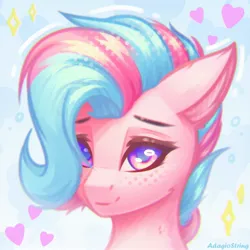 Size: 2000x2000 | Tagged: safe, artist:adagiostring, derpibooru import, oc, oc:sweetie swirl, unofficial characters only, bat pony, pony, bust, commission, cute, headshot commission, image, jpeg, looking at you, portrait, shy, solo, sparkles