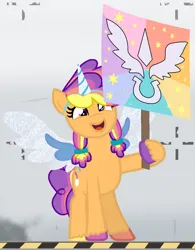 Size: 1094x1405 | Tagged: safe, artist:ghostpikachu, derpibooru import, oc, oc:sunlight dancer, unofficial characters only, earth pony, pony, g5, my little pony: a new generation, alicorn costume, base used, canterlogic, clothes, costume, cute, fake alicorn, fake horn, fake wings, female, hair tie, hoof hold, image, mare, multicolored hair, multicolored mane, png, sign, solo, standing, testing area, unshorn fetlocks